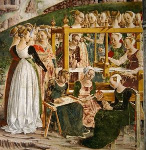 The Triumph of Minerva: March, from the Room of the Months, detail of the weavers, Francesco del Cossa